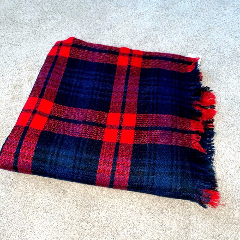 Lands End Square Wrap Scarf Plaid Red ‎ Black Blue Multi Color NWT